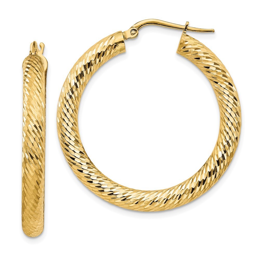 14k Yellow Gold 4x25mm DiamondCut Round Hoop Earrings 35 L X 34 Mm W